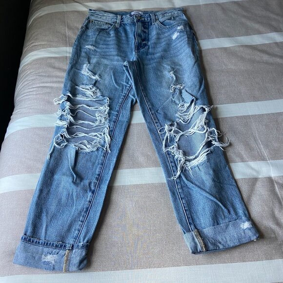 pistola Denim - EUC Distressed Boyfriend Jeans with Heavy Rip Detail (Light Wash, Cuffed Hem) 27